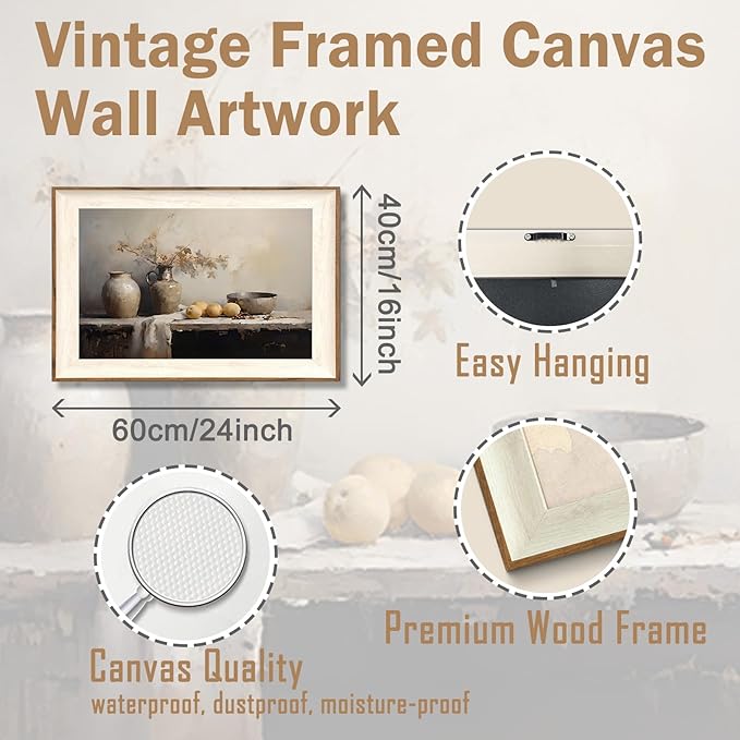 ASTRDECOR Framed Kitchen Wall Art Prints, Rustic Kitchen Farmhouse Wall Decor Living Room, Vintage Jars Still Life Oil Painting Dining Room Wall Decor, Fruits Botanical Canvas Wall Art-16''x 24''