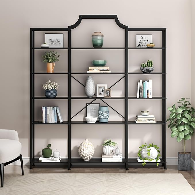 Auromie Triple Wide 5-Tier Bookshelf, 70.87" L x 79.13" H Extra Large Bookcase, Tall Open Etagere Display Shelf with Metal Frame, Freestanding Modern Storage Shelves for Home Office (Black)