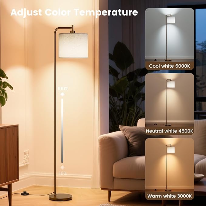 Floor Lamp with Linen Shade, Dimmable Tall Standing Lamp with Remote Control & 3 Color Temperatures, Modern Corner Floor Lamps for Living Room Bedroom Office, 9W LED Bulb Included