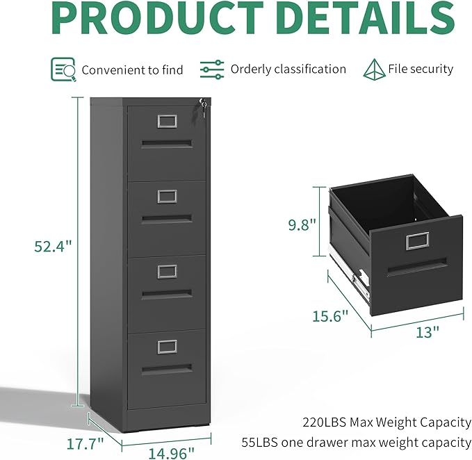 4 Drawer File Cabinet,Black Vertical File Cabinet with Lock for A4/Letter/Legal Size Files,Steel Filing Cabinets for Home Office,Assembly Required