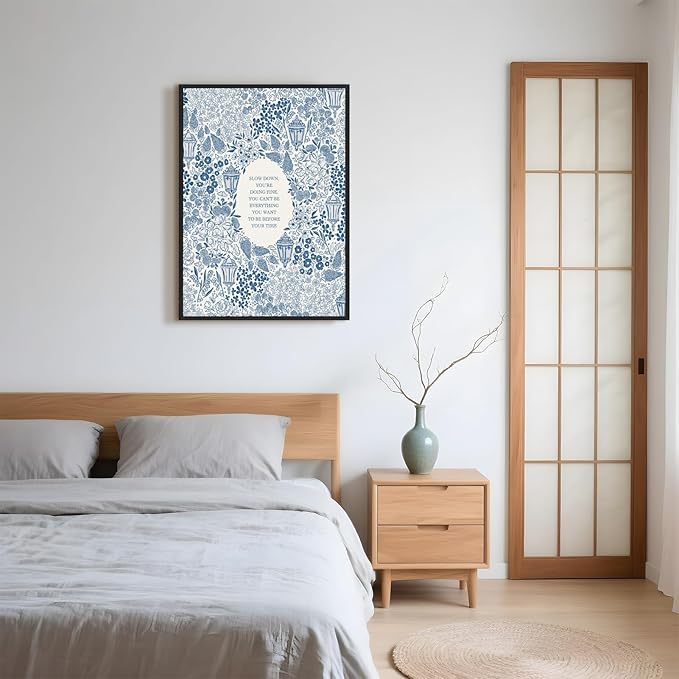 Framed Slow Down Youre Doing Fine Music Posters Motivational Quote Wall Art Blue Victorian Floral Inspirational Canvas Print Vintage Aesthetic Positive Affirmation Office Home Calming Decor 12x16inch