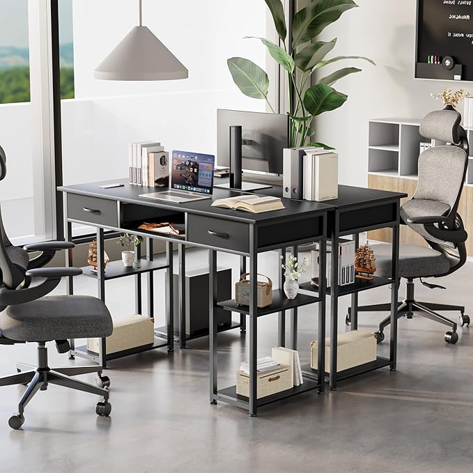 DUMOS 48" Small Computer Home Office Desk for Bedroom with Drawers, Gaming Writing Study Table with Storage Shelf, Adjustable Feet, Metal Frame Black