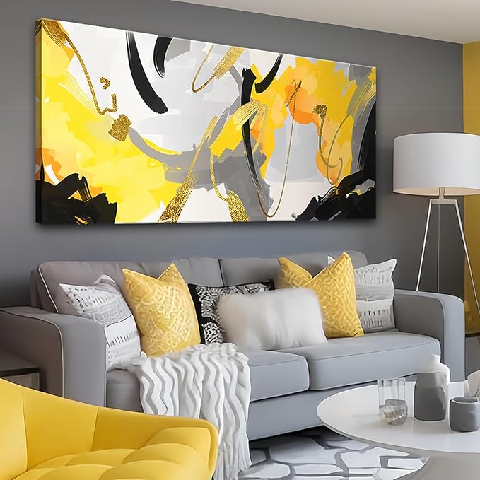 weiyiart Abstract Yellow and Black Canvas Wall Art Bold Modern Print Painting Fluid Picture Artwork for Contemporary Living Room Bedroom Office Decoration 24"x48"
