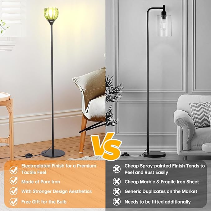 Floor Lamps for Living Room, Bedroom, Black Standing Lamp with 12W Bulb, Vintage Floor Lamp for Reading, Nursery, Corner (Green Tulip)