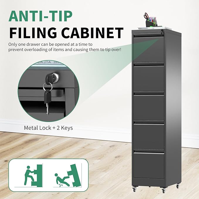 5 Drawer Mobile File Cabinet, Under Desk File Cabinet,Metal Filing Cabinets with Lock for Home Office Organizer Letter/Legal/A4,Require Assembly (Black)