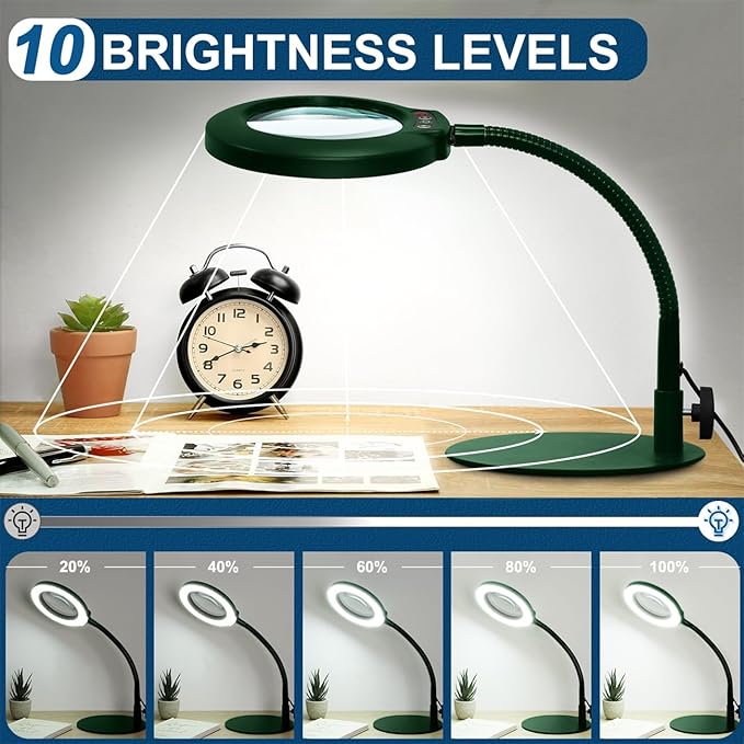 10X Magnifying Glass with Light, Real Glass Lens, 5 Color Modes Dimmable, Flexible Gooseneck Lighted Magnifier with Stand, LED Desk Lamp Hands Free for Crafts Painting Reading Close Work, Green