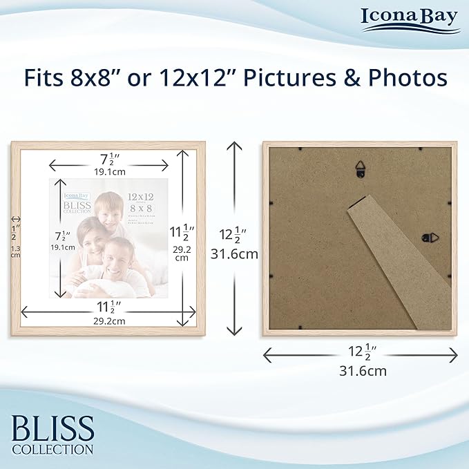 Icona Bay - 12x12 Light Oak Picture Frame with Removable Mat to 8x8 Photo - Modern Style Engineered Wood Poster Frame - Wall Mount Only - Bliss Collection