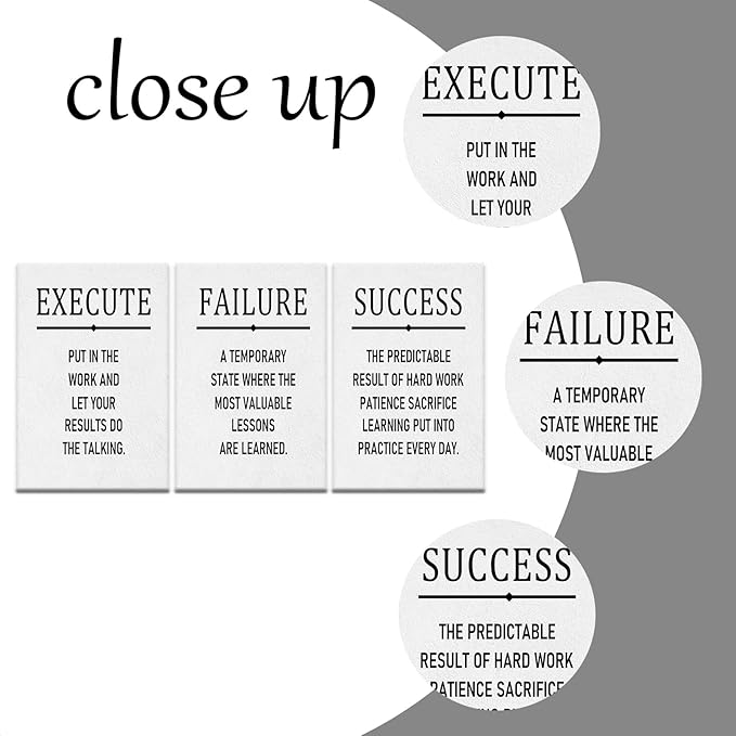 3 Pieces Motivational Posters Canvas Wall Art Home Decor Execute Failure Success Inspirational Quotes Picture Print Positive Painting Artwork for Teens Room Office Stretched and Framed [48''Hx24''W]