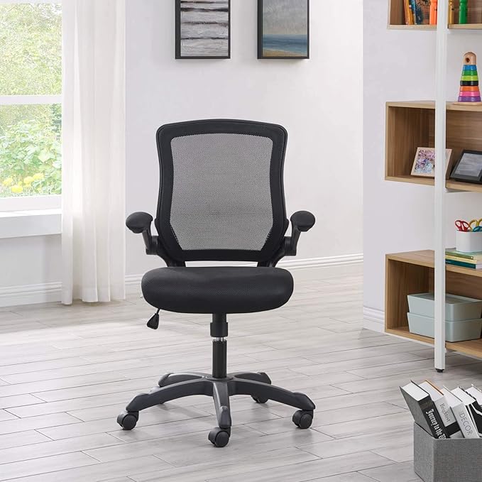 Modway Veer Office Chair with Mesh Back and Vinyl Seat With Flip-Up Arms in Black