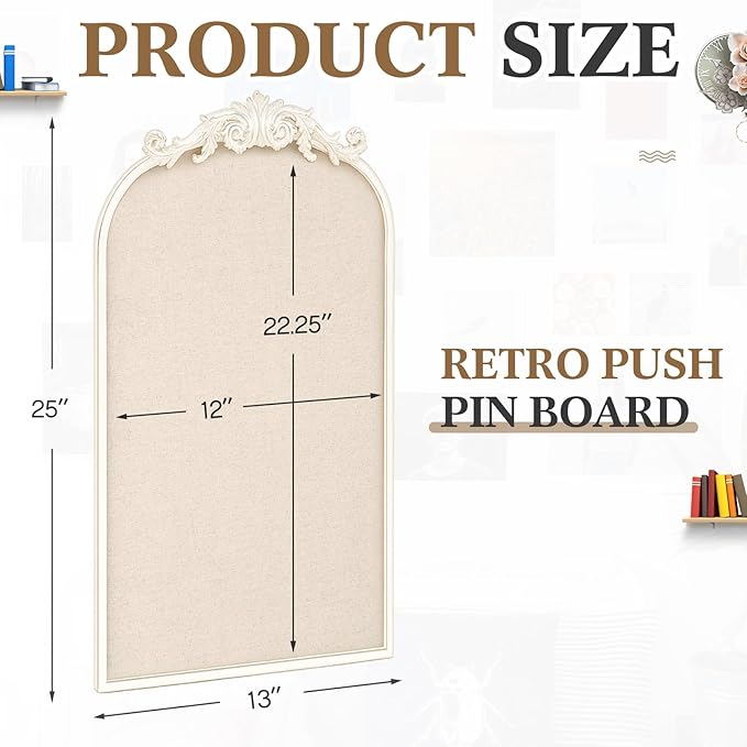 Vintage Framed Pin Board Linen Display Bulletin Board Large Cork Fabric Picture Photo Pinboard Memo Ornate Decorative Pinboard Ornate for Wall Gift(Arch,13" X 25",Antique White)