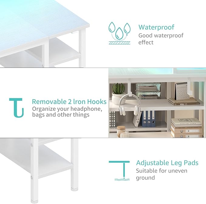 Lufeiya White Desk with Storage Shelves - 47 inch Home Office Gaming Desk with Monitor Stand, Computer Desk with LED Lights and Power Outlets, White