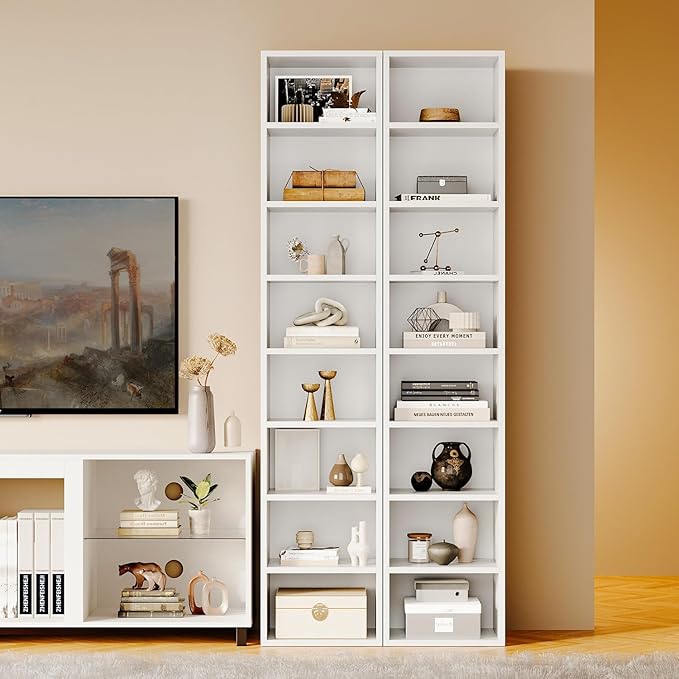 Narrow Bookshelf & Bookcase Set of 2, 8-Tier Floor Standing Open Book Shelf, Modern Corner Bookshelf with Storage Space, 71.5" Tall Bookshelves for Bedroom, Living Room and Office, White