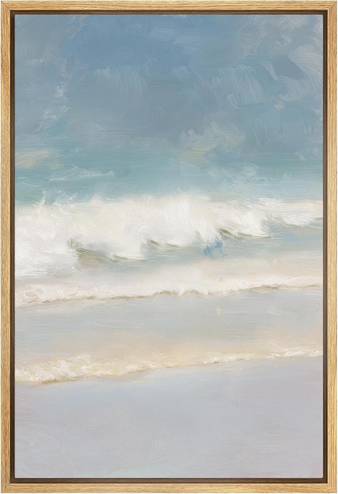 SIGNWIN Framed Canvas Print Wall Art Coastal Ocean Waves and Blue Sky Seascape Illustrations Modern Decorative for Living Room, Bedroom, Office - 24"x36" NATURAL