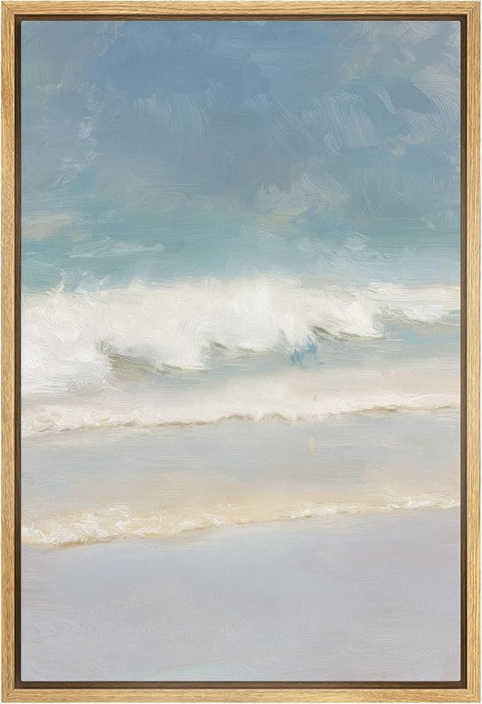 SIGNWIN Framed Canvas Print Wall Art Coastal Ocean Waves and Blue Sky Seascape Illustrations Modern Decorative for Living Room, Bedroom, Office - 24"x36" NATURAL