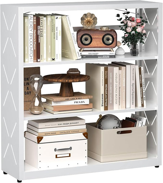 Book Shelf, 3-Tier Steel Bookcase Adjustable with Anti-Tip Device & Leveling Feet, Heavy-Duty Metal Storage Organizer, Modern Corner Shelves for Kitchen, Garage, Home Office - White
