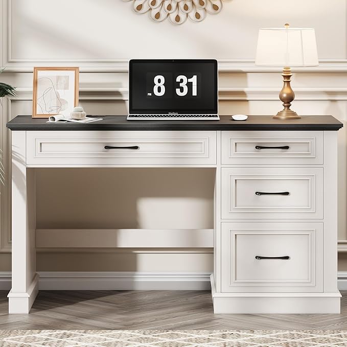 Farmhouse 47" Executive Desk, Computer Desk with Drawers and File Drawer, Workstation Computer Desk with Charging Station for Home Office, Study,(Black