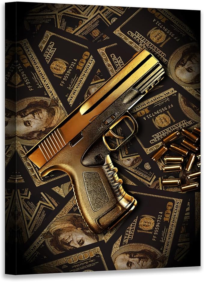 Inspirational Wall Art Handgun Money Killer Canvas Wall Decor Dollar Gun Lover Gift Motivational Poster Print for Office Home Wall Decor 24x36in