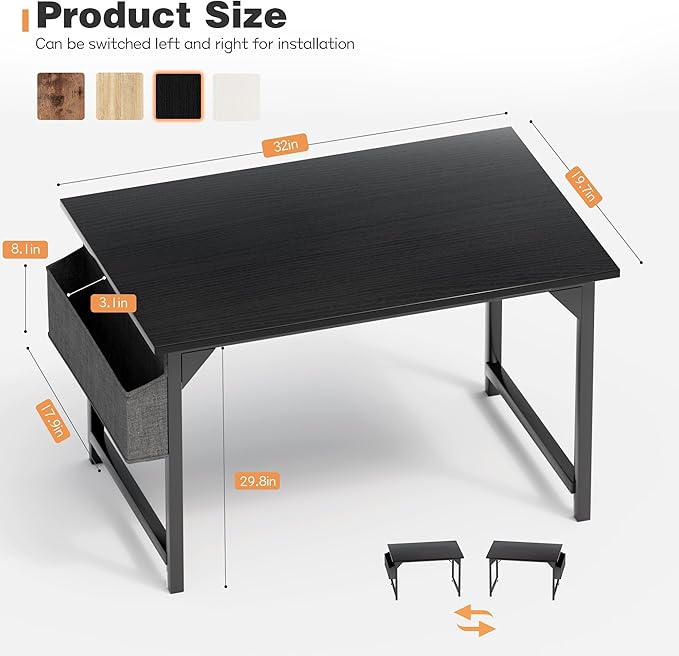 Shahoo Office Computer Desk, 32 Inch Student Home Table for Writing Work with Headphone Hook and Storage Bag, Dark Black