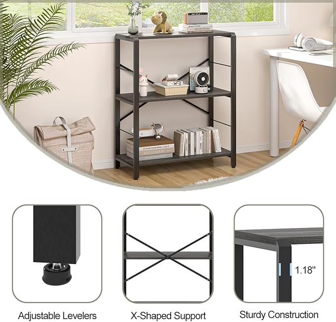 FOLUBAN Industrial Small Bookshelf, 3 Tier Low Short Book Shelf, Metal and Wood Bookcase for Small Spaces, Bedroom Living Room, Dark Gray