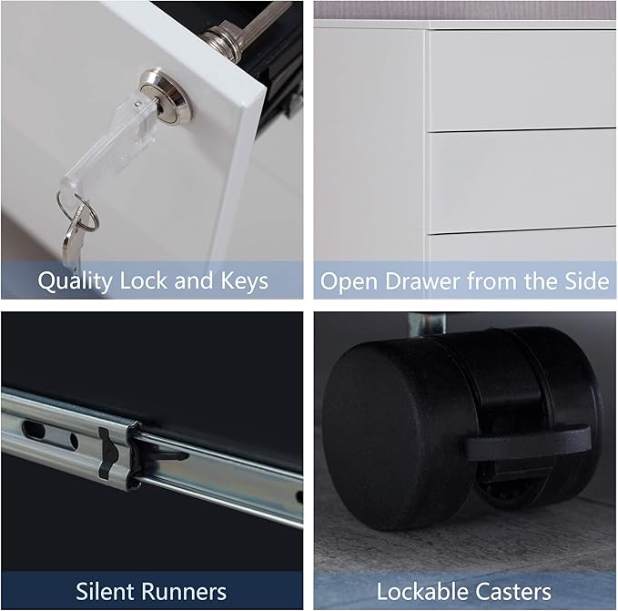 3 Drawer File Cabinet with Lock, Steel Mobile Filing Cabinet on Anti-tilt Wheels, Rolling Locking Office Cabinets Under Desk for Legal/Letter Size (White)
