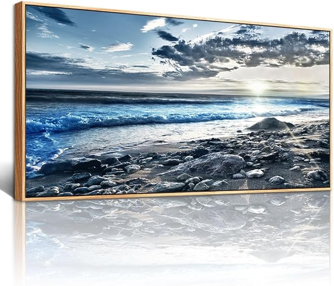 Lapremoly Blue Beach Sun Ocean Landscape Painting Large Wall Art For Living Room Wood Framed Wall Decor For Bedroom Modern Office Decor Canvas Prints Artwork Seascape Hang Pictures Home Decoration