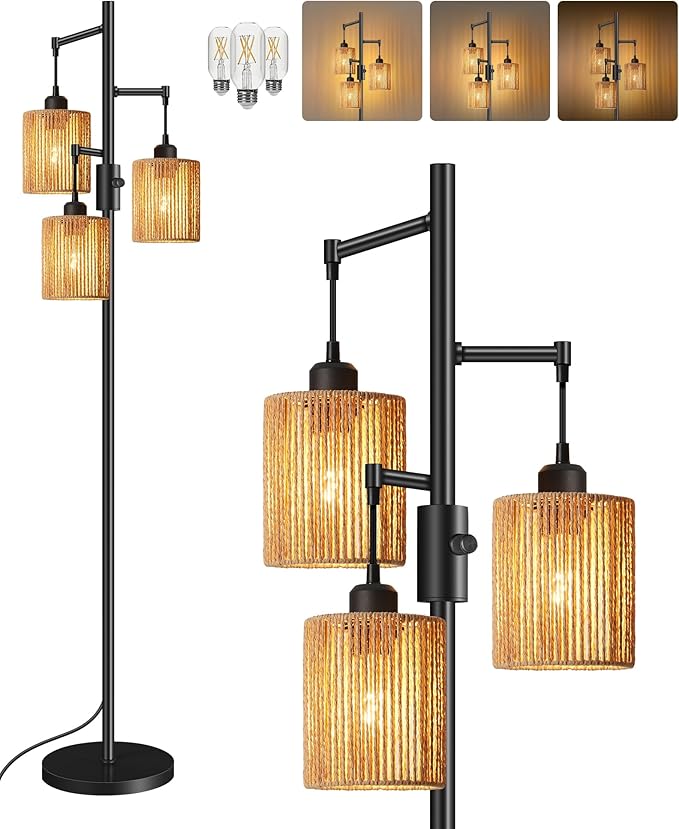 Dimmable Floor Lamp, Farmhouse Tall Standing 70.3" Tree Lamp with 3 Rope Woven Lampshades, Boho Rattan Floor Lights, 4W 3 LED Bulbs Included, for Living Room, Bedroom, Study, Office AB03LD05