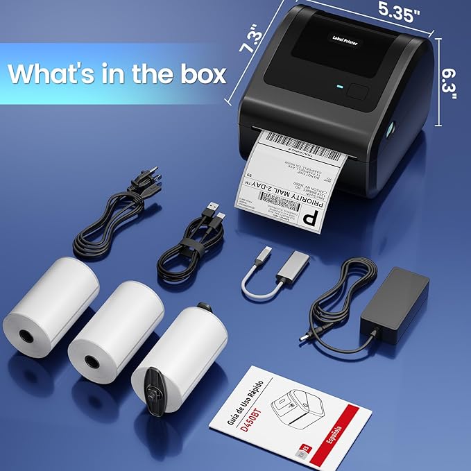 Bluetooth Shipping Label Printer with 3 Roll Labels, D450BT Thermal Label Printer 4x6 for Small Business, Thermal Printers Come with 750PCS 4x6‬ White Labels (250 Labels/Roll)