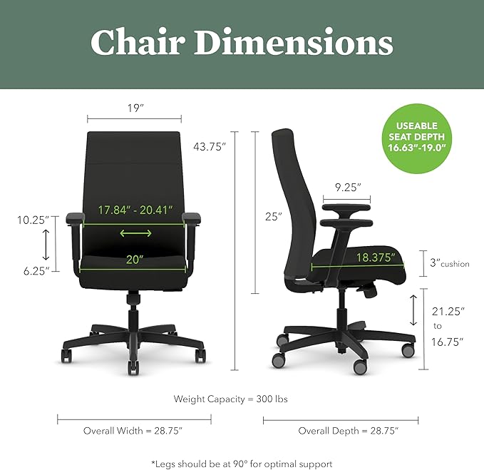 HON Ignition 2.0 Fabric Office Chair, Upholstered, Adjustable Arms, Standard Synchro-Tilt Recline Executive Ergonomic Office Chair, Titanium Frame, Iris