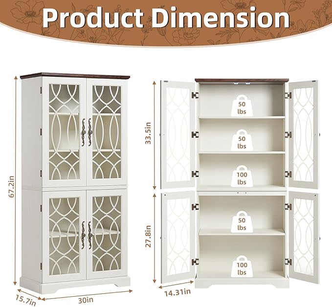67" Tall Bookshelf, Vintage Book Shelf with Glass Doors, 5-Tier Wood Bookcase with Adjustable Storage Shelves, Freestanding Rustic Curio Display Cabinet for Living Room, Office, White，2PCS