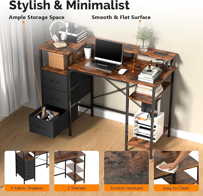 VINGLI 47 Inch L-Shaped Computer Desk, Small Computer Gaming Desk with Fabric Drawers & Storage Shelves, Charging Station, Monitor Stand for Home, Office, Brown