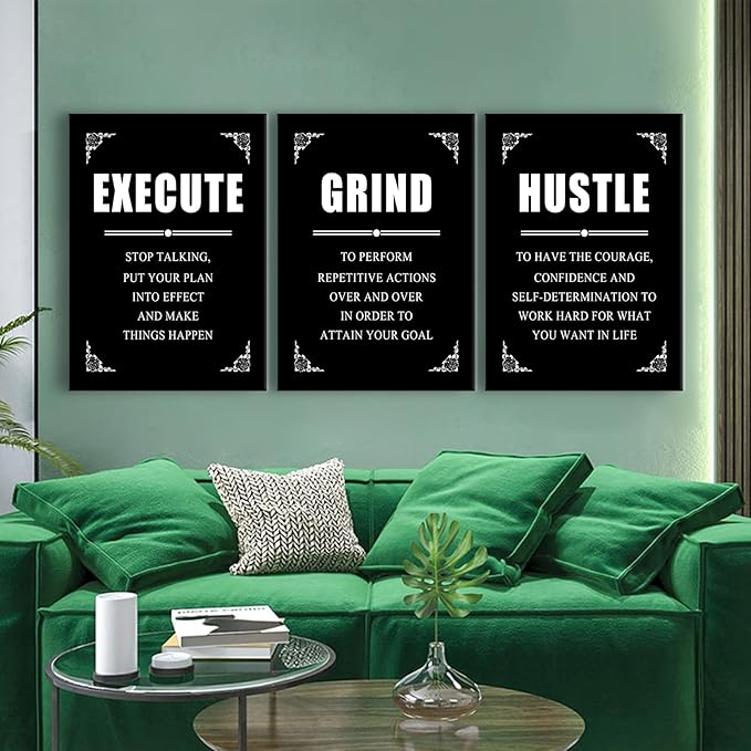 Motivational Canvas Wall Art Execute Grind Hustle Poster Print Inspirational Entrepreneur Positive Quotes Picture Painting Suitable for Office Gym Living Room Wall Decor Easy to Hang [60''Wx28''H]