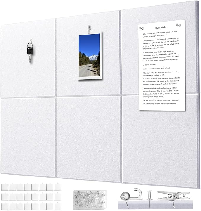 Felt Wall Tiles Bulletin Board Large Cork Board Alternative 6 Pack 11.81”x11.81”x0.47” Felt Pin Board Tack Board with Safe Removable Adhesive Tabs for Home Office School 36x24 (White)