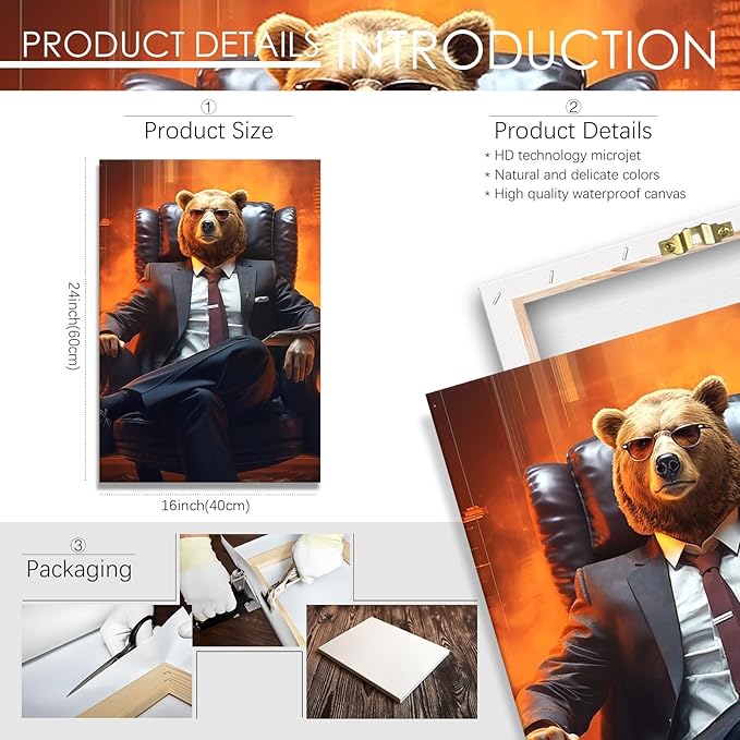 Trendy Suit Animal Bear Portrait Wall Art Funny Boss Bear Canvas Posters Work Struggle Motivation Inspiring Prints Painting For Office Living Room Wall Decor 16x24in Framed
