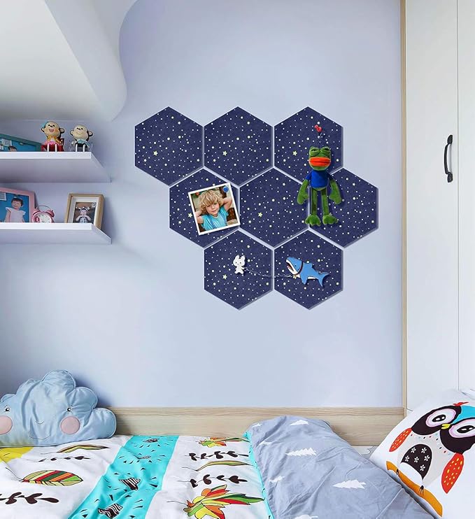 Felt Hexagon Bulletin Board with 20 Push Pins, Pack of 8 Notice Boards for Home Office Kitchen, Push Pin Board Felt Wall Tiles for Photos Memos