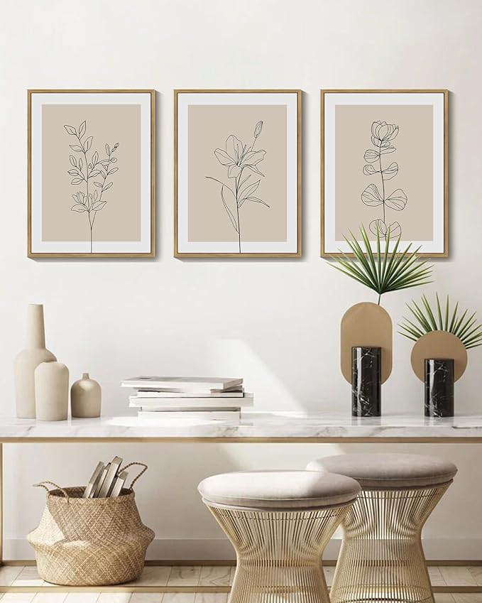 Drsoum Black Line Flower Wall Art Vintage Floral Minimalist Wall Hanging Decor Bohemain Botanical Prints Artwork for Office Dining Room Hallway 11x14in Natural Framed