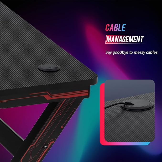 BestOffice | 47" Gaming Desk | Red | Carbon Fiber Textured Computer Desk | Sturdy Steel Frame, Cup Holder, Headphone Hook, Cable Management Holes, Adjustable Leg Pads | for Gamers, Home, Office