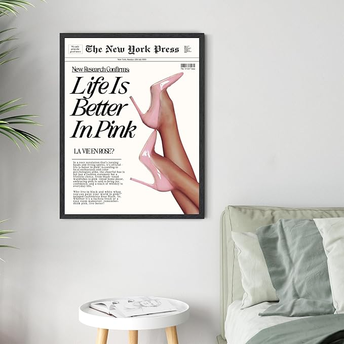 Trendy Baby Pink Hot Girl Poster Life Is Better In Pink Newspaper Wall Art Retro High Heel Picture 70s News Headline Canvas Prints Aesthetic Decor for Girly Bedroom Dorm 24x36inch Black Framed
