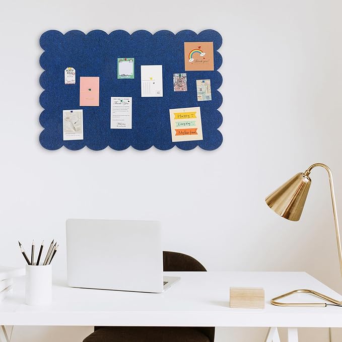 Scalloped Felt Bulletin Board 36 x 24 Inches Foldable Dark Blue Pin Cork Board Alternative for Wall, 3' x 2' Trifold Picture Vision Self Adhesive Bulletin Decorative