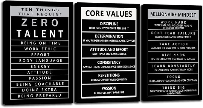 Inspirational Wall Art Motivational Office Decor Core Values Poster 3 Pieces Canvas Prints Artwork for Living Room Bedroom Modern Home Decor Painting Pictures Framed Ready to Hang[48''Wx 24''H]