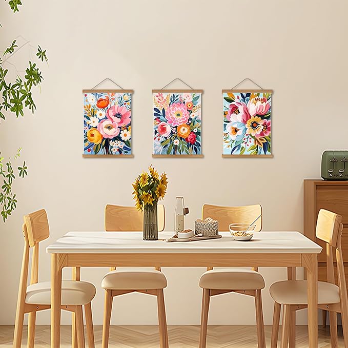 Colorful Flowers Posters Wall Art Set of 3 with Hanging Wooden Frame,Preppy Minimalist Canvas Wall Decor Prints,Vintage Beautiful Wildflower Artwork for Living Room Bedroom Bathroom Home Decor 12x16In