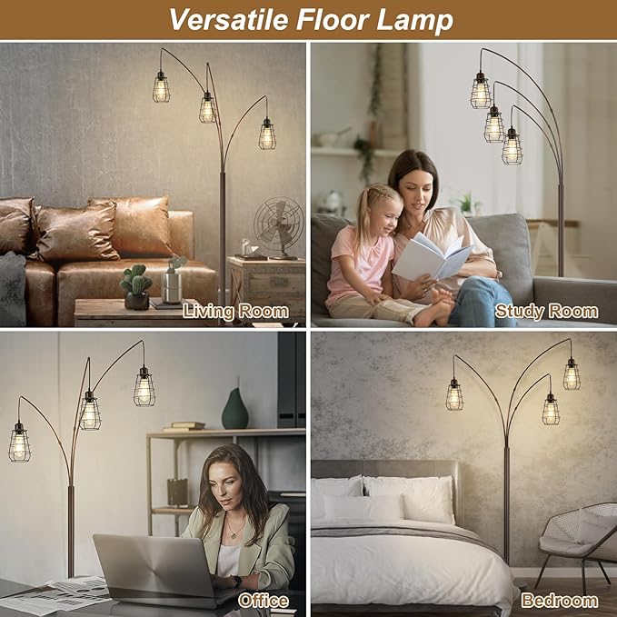 Boncoo Industrial Floor Lamp, 3 Light Arc Floor Lamps for Living Room, 76 Inch Tall Standing Lamp with Metal Cage Shades & Foot Switch, Vintage Floor Lamp for Bedroom, Office, Corner, Bronze