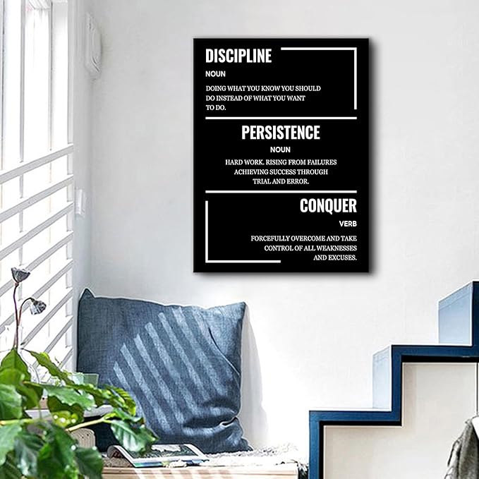 Motivational Canvas Wall Art Poster Print Discipline Persistence Conquer Inspirational Entrepreneur Quotes Picture Painting for Kitchen Teens Room Office Painting Stretched and Framed [18''Wx24''H]