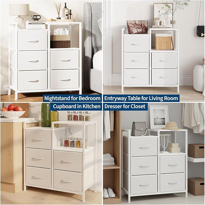 Garvee 5 Drawer Mobile File Cabinet with Open Storage Shelf, Rolling Printer Stand and Fabric Lateral Filing Cabinet for Home Office, Fits A4 or Letter Size Files, White