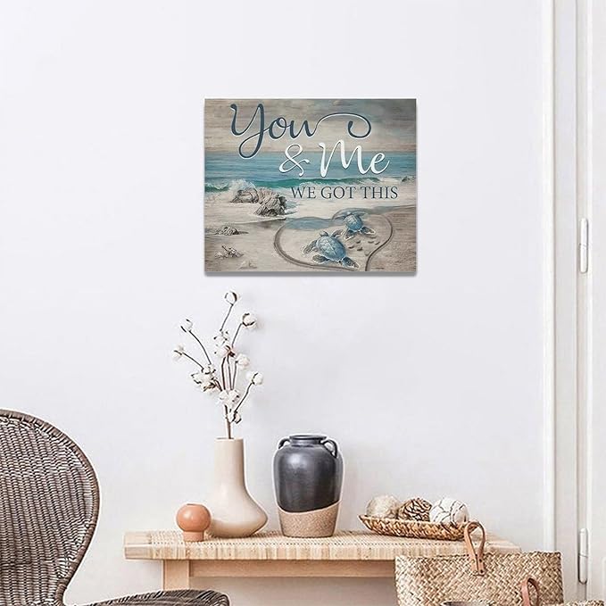 Beach Sea Turtle Bathroom Wall Art Coastal Turtle Love Pictures Wall Decor Ocean Nautical Canvas Seascape Painting Modern Artwork Home Decoration for Living Room Bedroom Office Framed 20"x16"