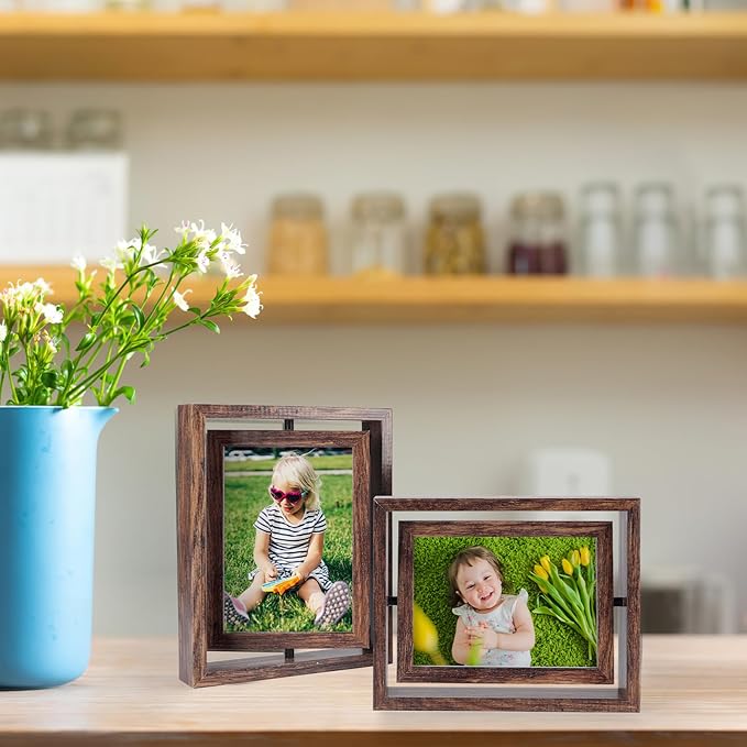 EXYGLO 2 Pack 5x7 Picture Frames Rotating Floating Photo Frame Wooden 2 Sided Frames for Vertical or Horizontal Tabletop Display