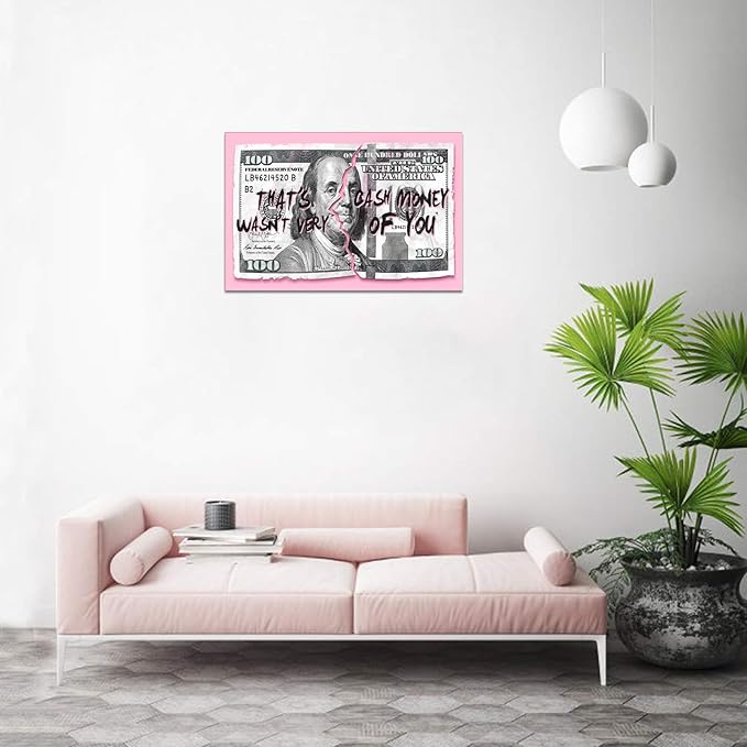 Money Wall Art 100 Dollars Bill Canvas Painting Modern Print Artwork Inspirational Entrepreneur Pink Benjamin Franklin Picture for Bedroom Living Room Office Decor, Framed 24"W x 36"H