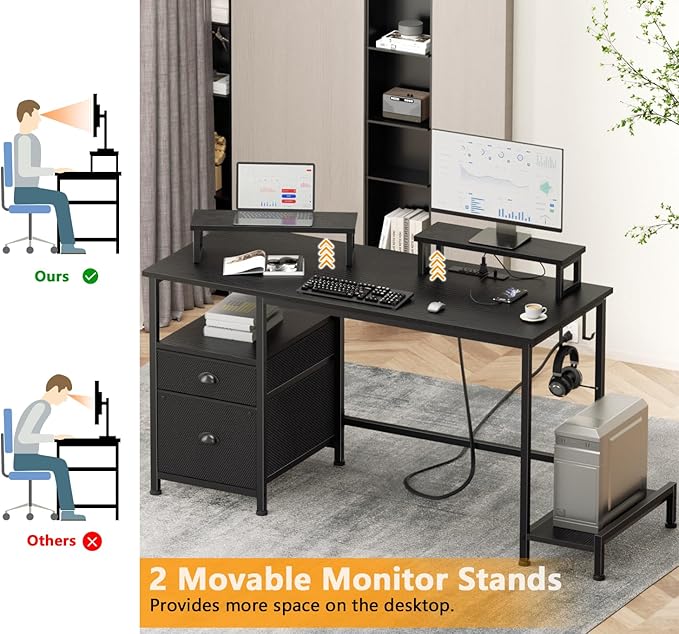 Furologee 47" Computer Desk with File Cabinet and Power Outlets, Home Office Desk with 2 Monitor Stands and Storage Drawer, Gaming Table with Shelves and 2 Hooks for Bedroom, Black