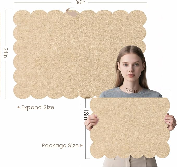 Scalloped Bulletin Board, 36 x 24 Inches Felt Pin Board - Decorative Cork Alternative for Wall, Foldable Picture Self-Adhesive Vision Prayer Board with 20 Pushpins - Beige Brown