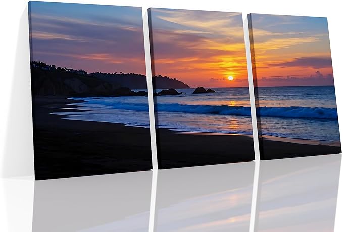 Sandy Beach at Dusk Landscape Posters Print for Office Wall Decor Reef Scenery Canvas Wall Art Reef by The Sea Modern Wooden Framed Painting Artwork for Living Room Hotel Ready to Hang [60''Wx28''H]