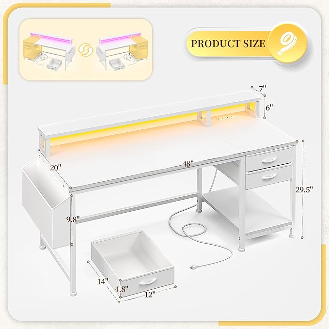 48" Computer Desk with LED Strip, Gaming Desk with Drawers & Storage Bag, Office Desk with Power Outlets & Monitor Stand, Home Office Desks for Bedroom, Gaming Room, White